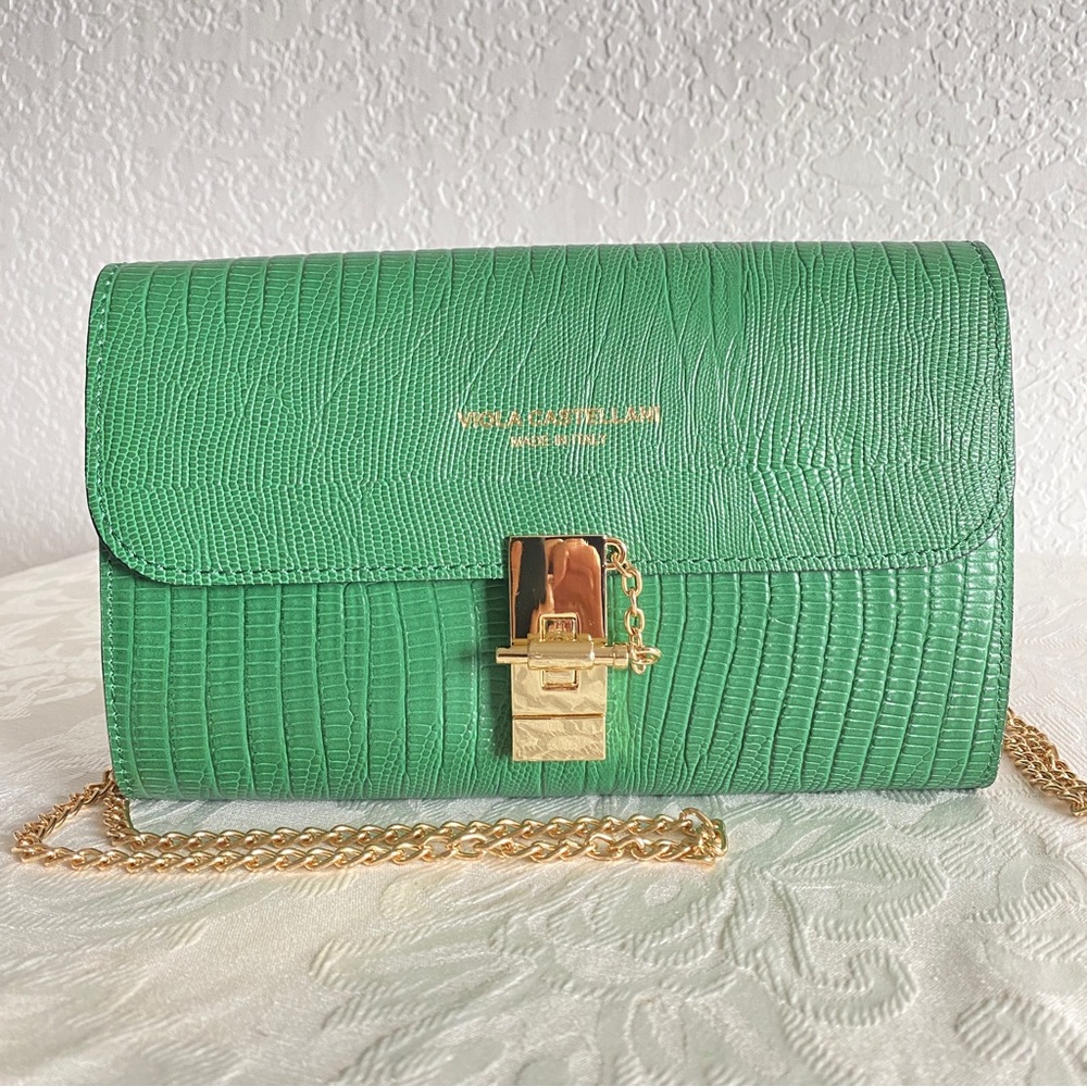VIOLA CASTELLANI Italy Leather Lizard Embossed Crossbody bag Green Emerald